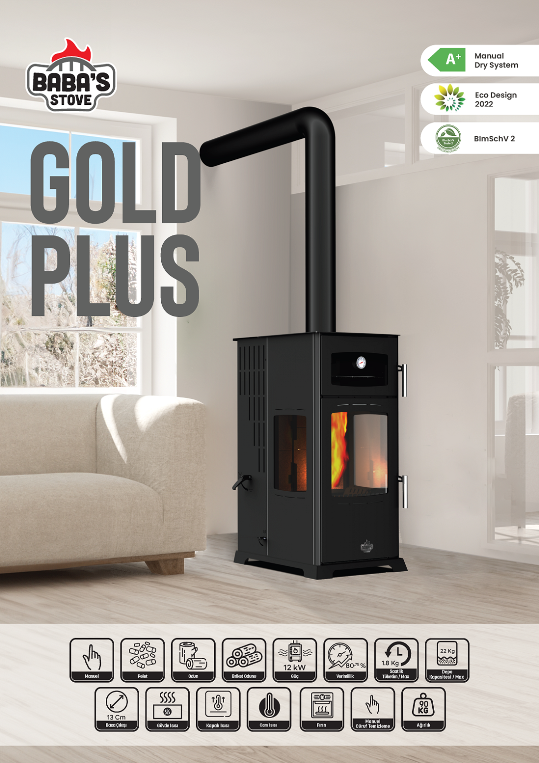 GOLD PLUS 12 KW KUZİNE / MANUEL PELET VE ODUN SOBASI / BABA'S STOVE